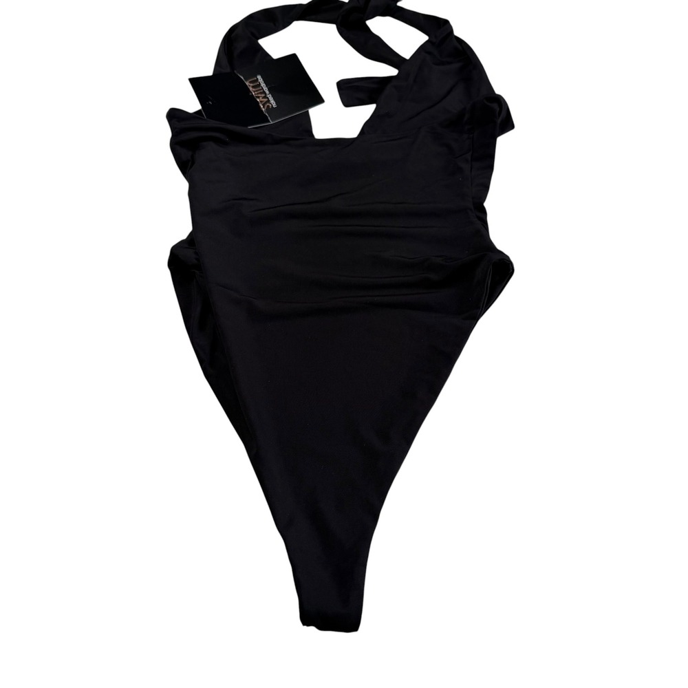 NAKED WARDROBE Swim One-Piece Black Halter High Cut Women's Size Small NWT